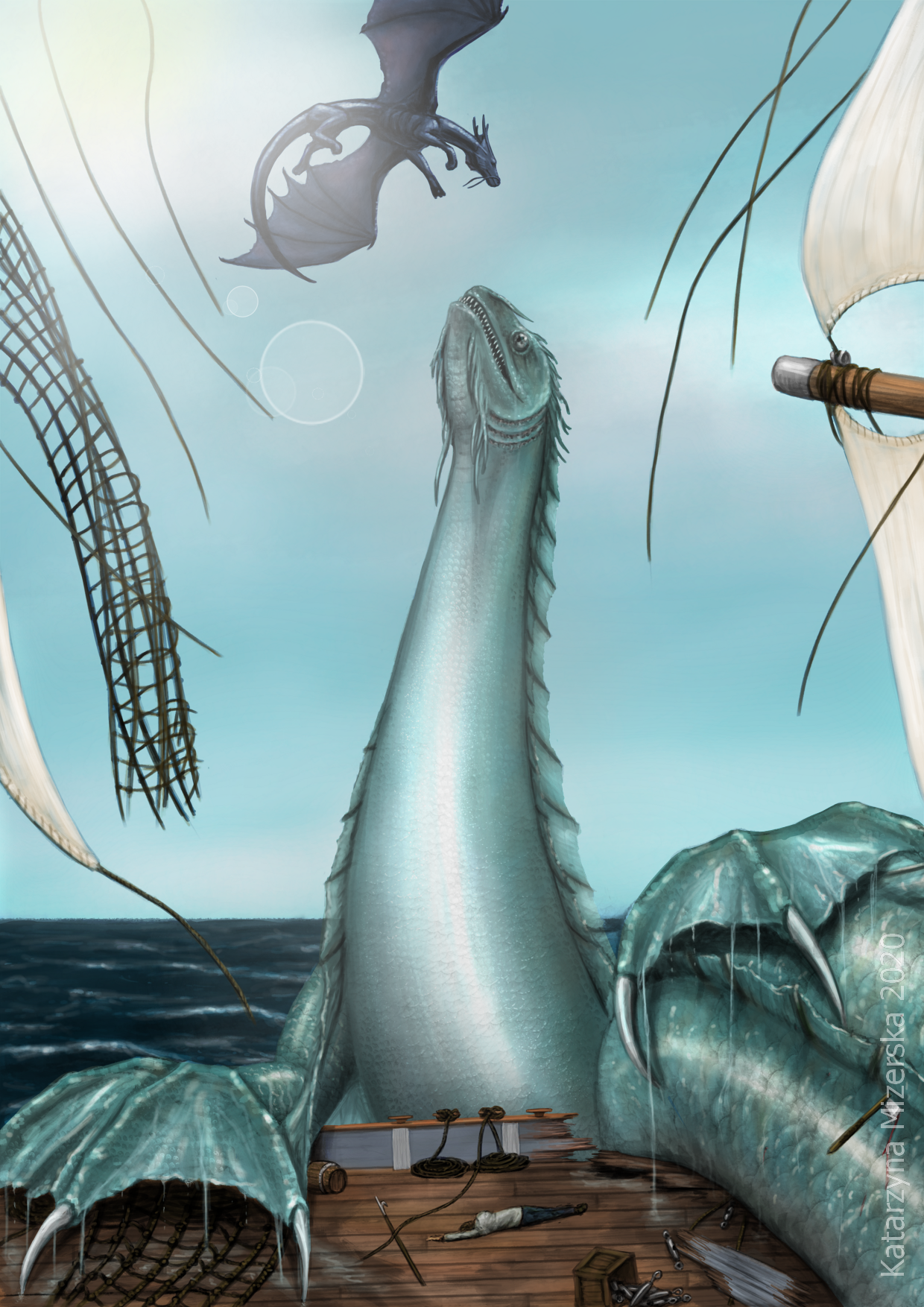 Sea serpent attacking a ship and being fended off by a dragon